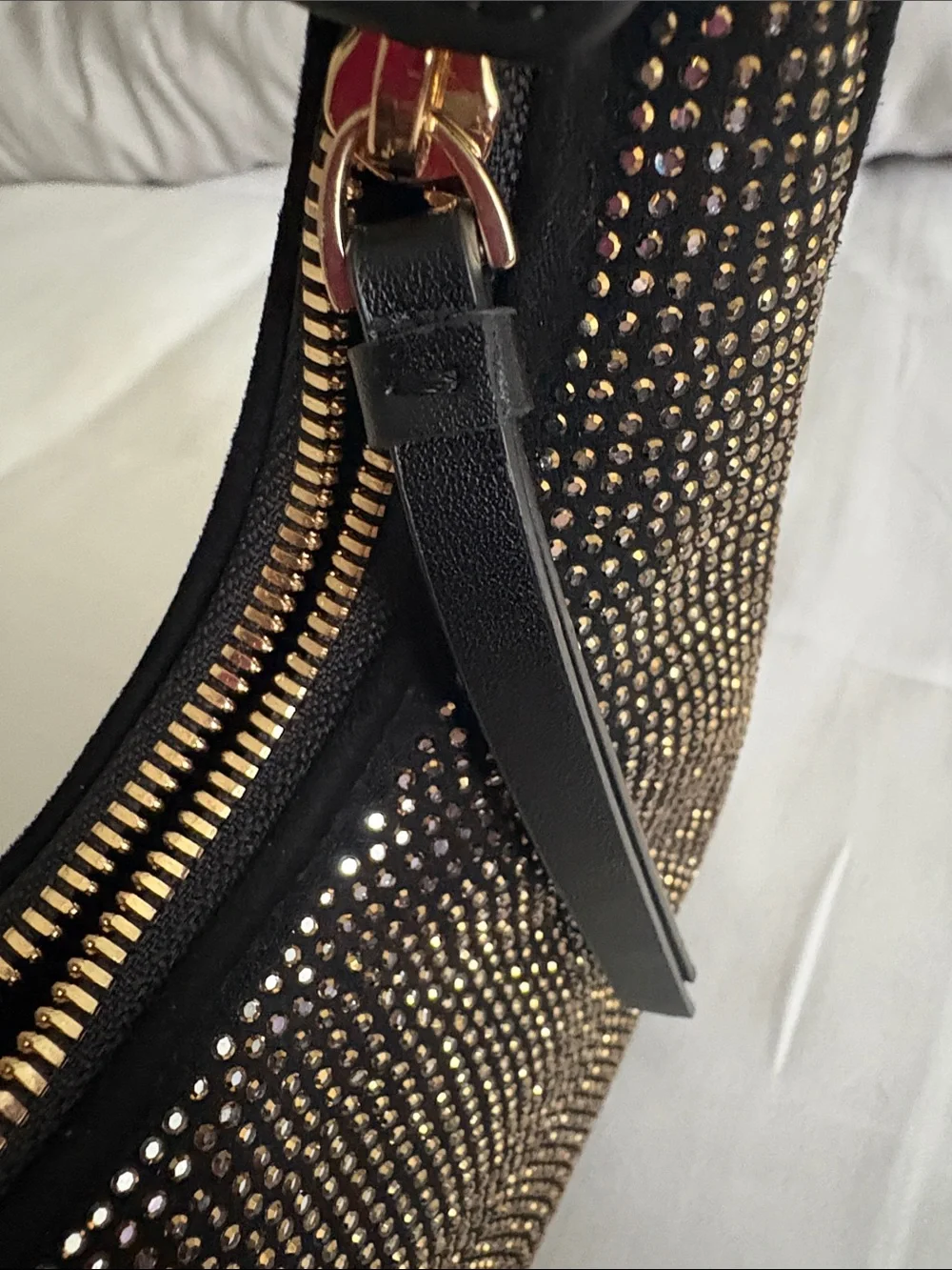 PINKO NEW Brioche bag in black with gold tone rhinestones and gold love birds.
